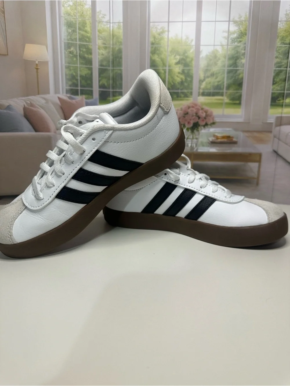 adidas White Sneakers with Black Stripes and Brown Sole